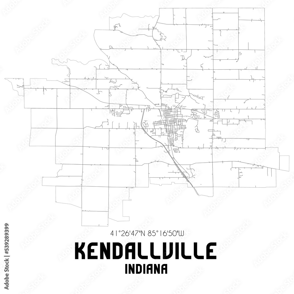 Kendallville Indiana. US street map with black and white lines.