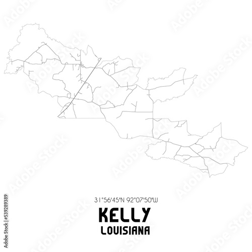 Kelly Louisiana. US street map with black and white lines.