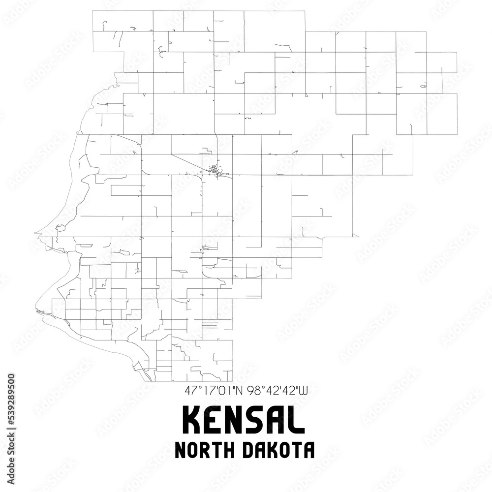 Kensal North Dakota. US street map with black and white lines.