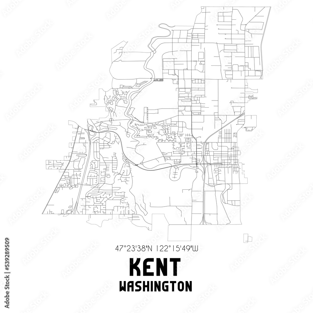 Kent Washington. US street map with black and white lines.