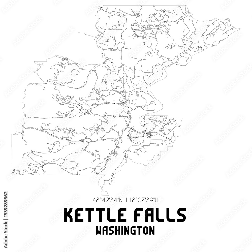 Kettle Falls Washington. US street map with black and white lines.