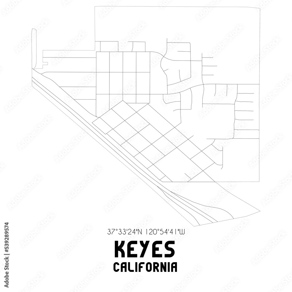 Keyes California. US street map with black and white lines.