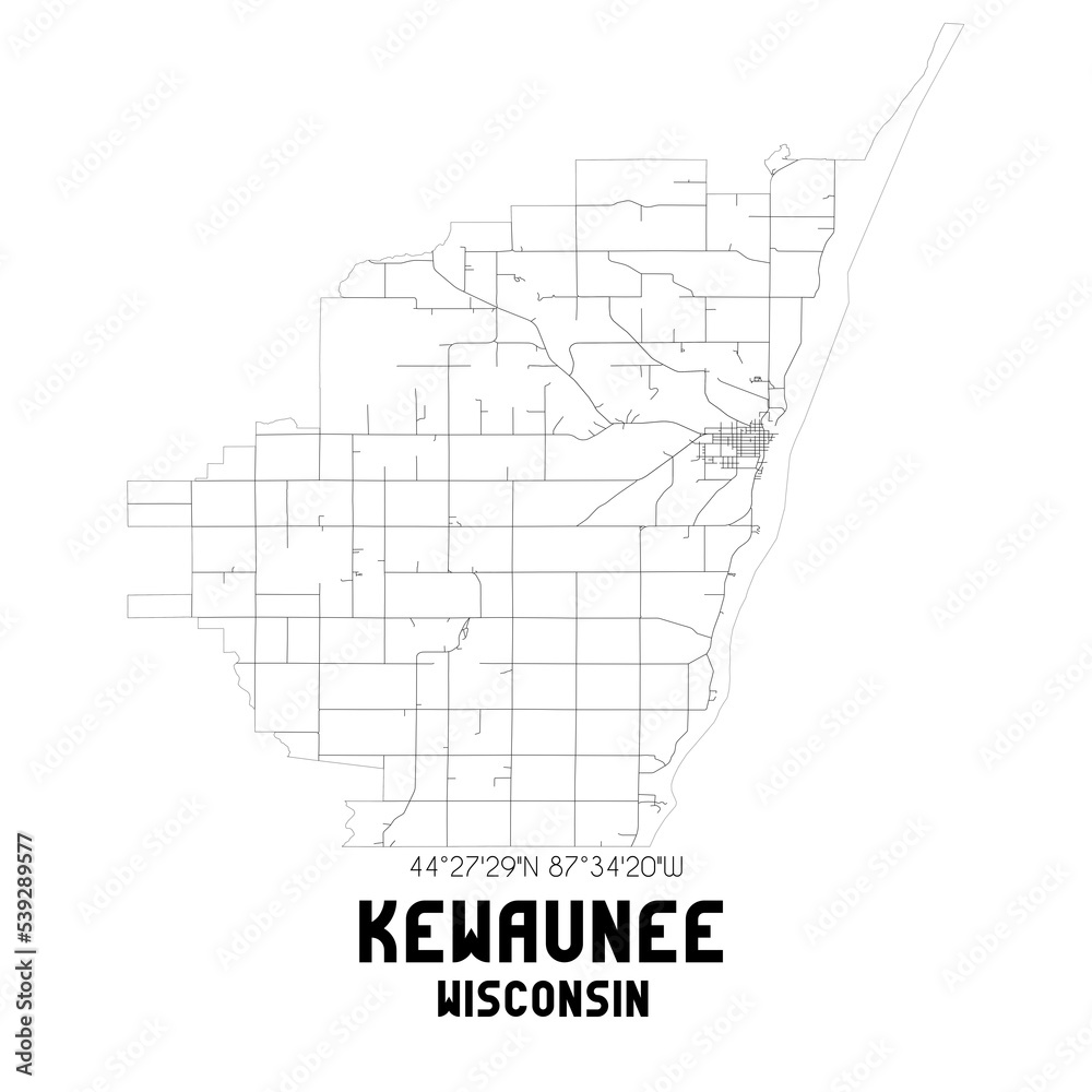 Kewaunee Wisconsin. US street map with black and white lines.