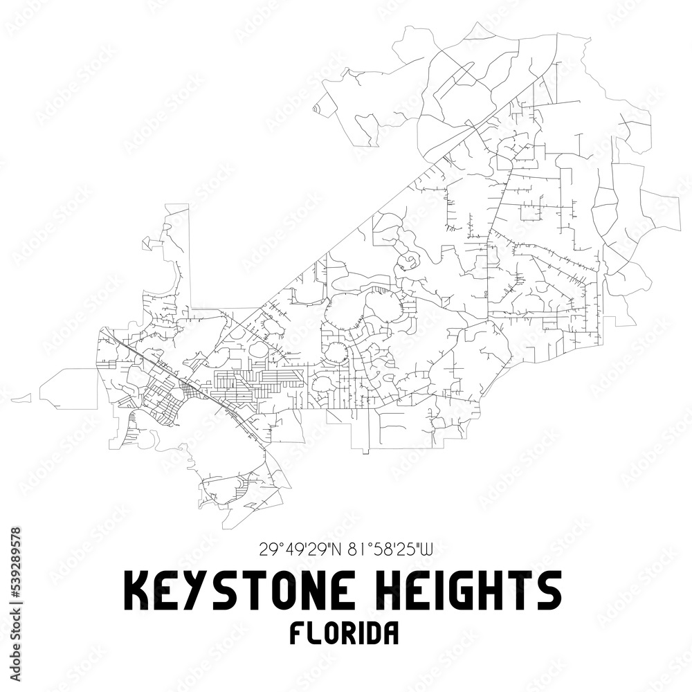 Keystone Heights Florida. US street map with black and white lines.