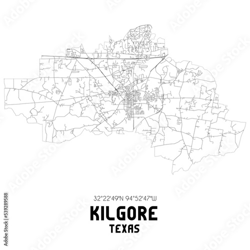 Kilgore Texas. US street map with black and white lines.