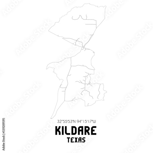 Kildare Texas. US street map with black and white lines.