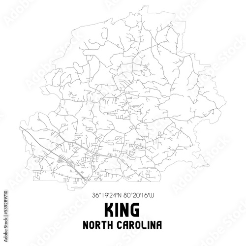 King North Carolina. US street map with black and white lines.