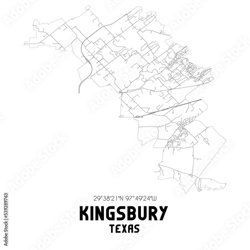 Kingsbury Texas. US street map with black and white lines.