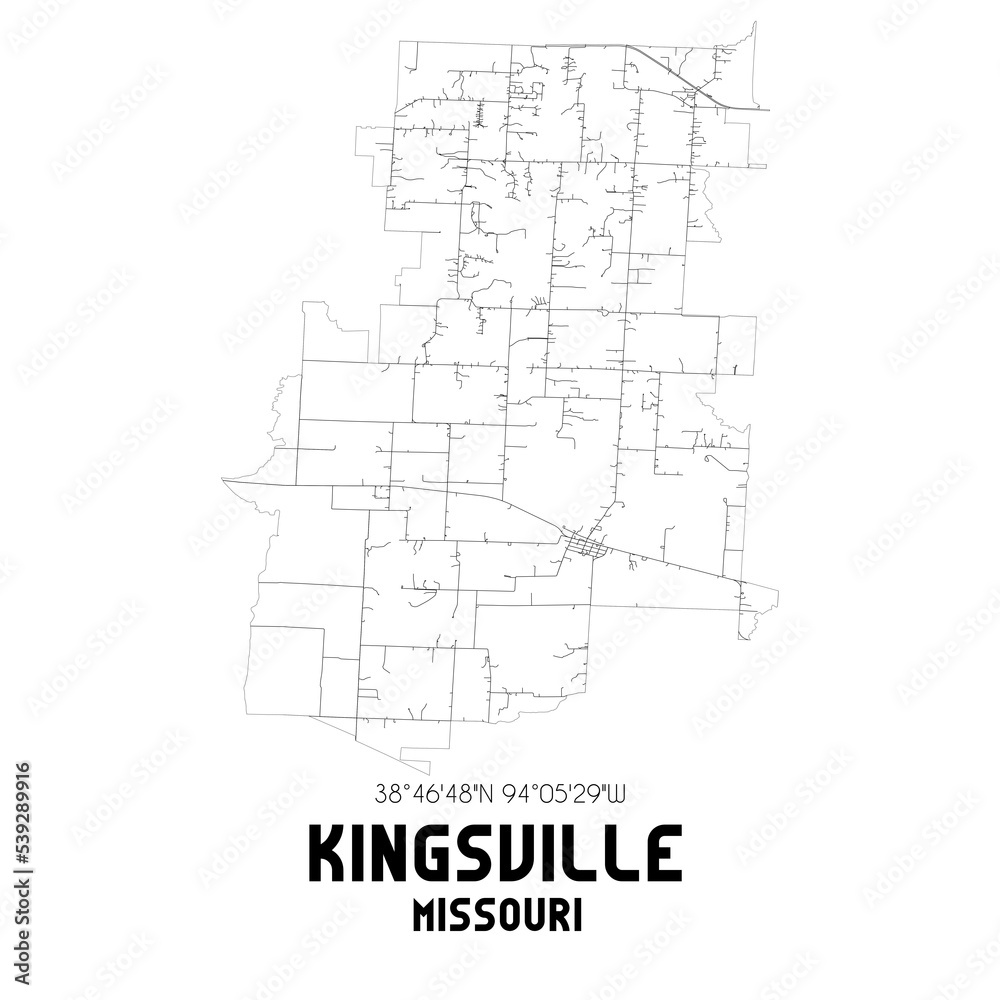 Kingsville Missouri. US street map with black and white lines.