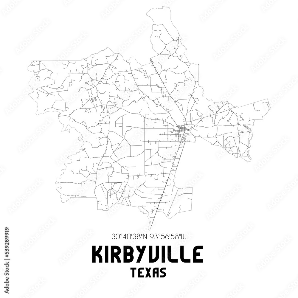 Kirbyville Texas. US street map with black and white lines.