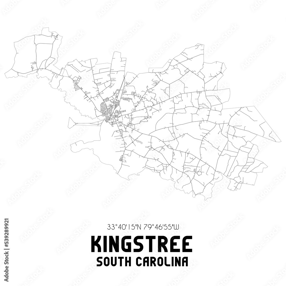Kingstree South Carolina. US street map with black and white lines.
