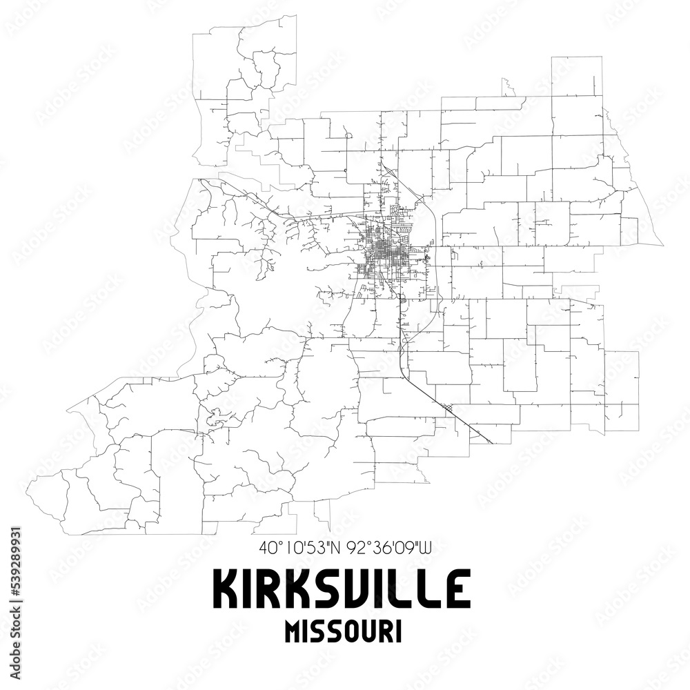 Kirksville Missouri. US street map with black and white lines.