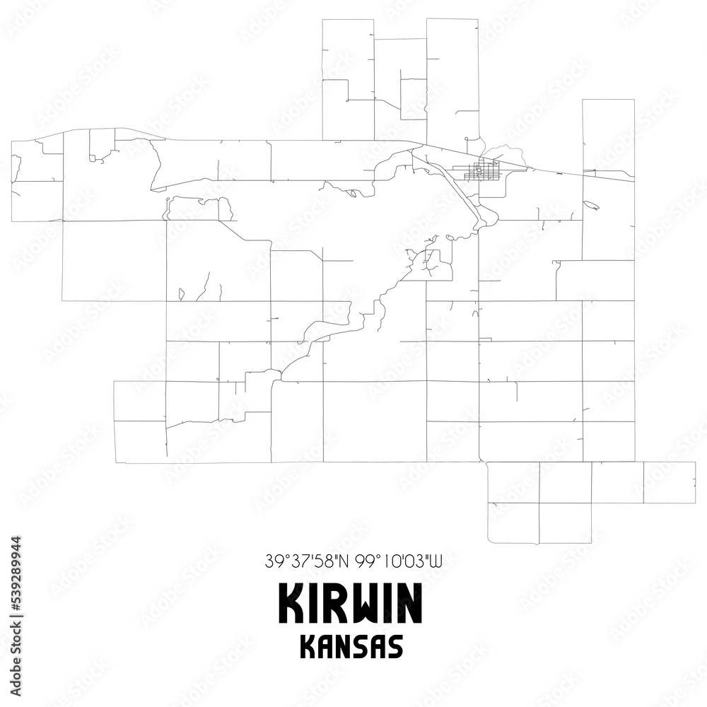 Kirwin Kansas. US street map with black and white lines.