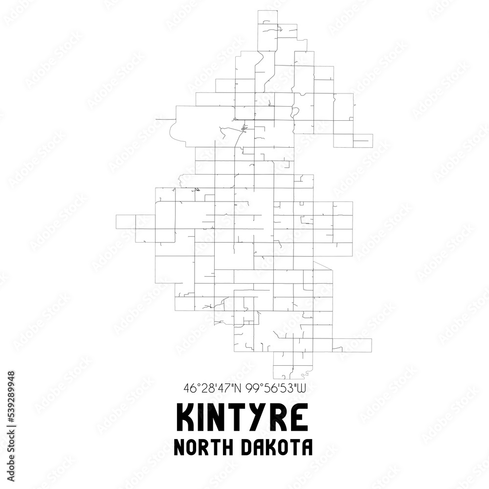 Kintyre North Dakota. US street map with black and white lines.