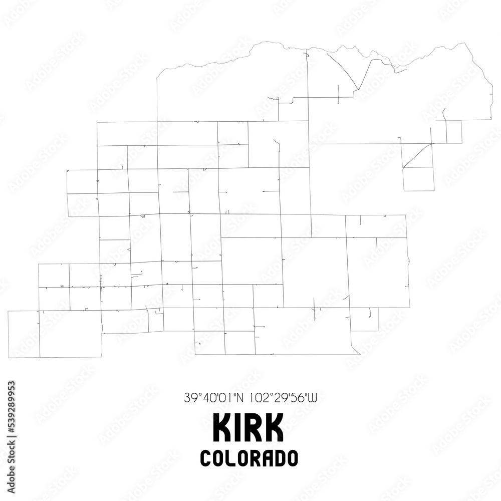 Kirk Colorado. US street map with black and white lines.