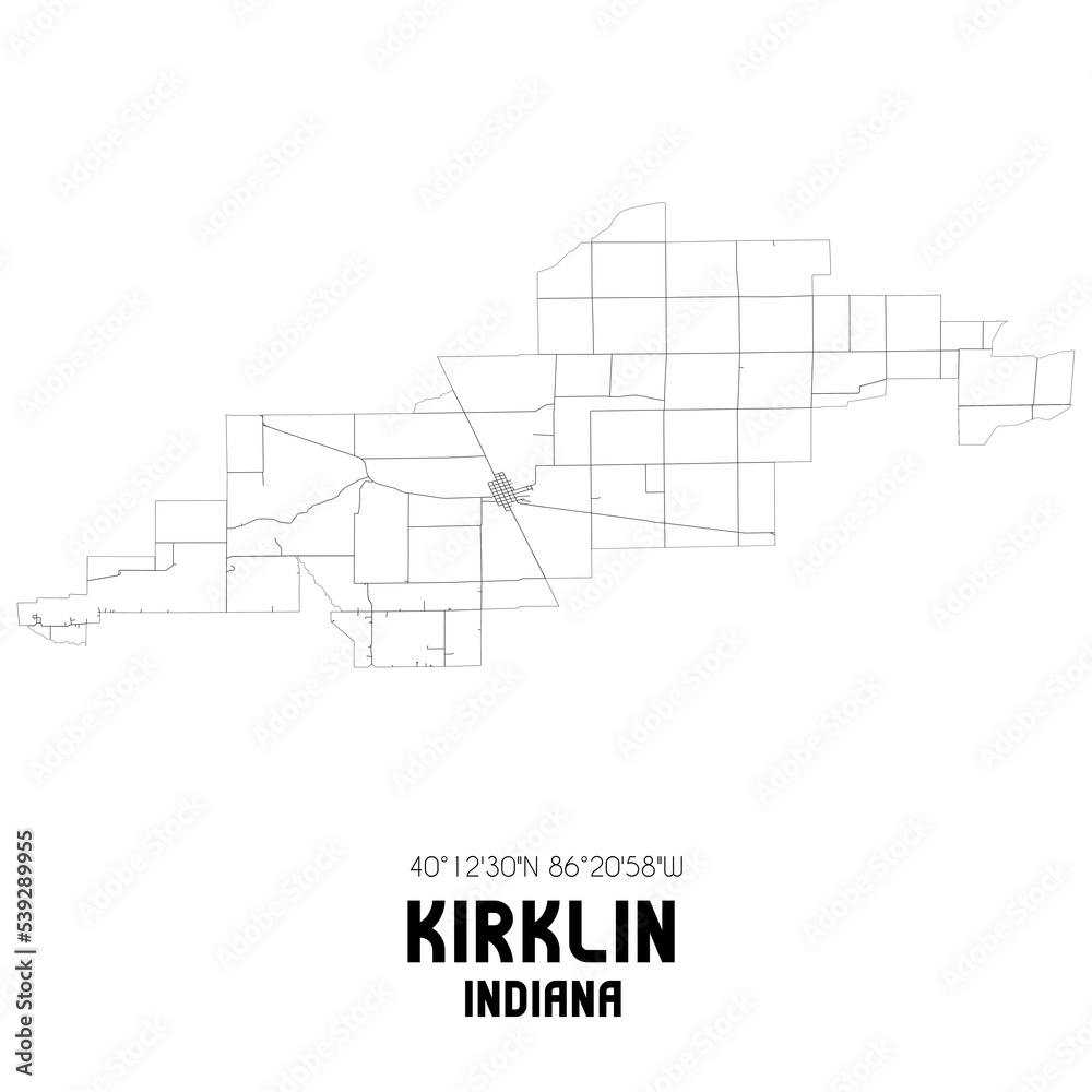 Kirklin Indiana. US street map with black and white lines.