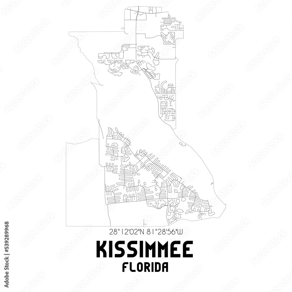 Kissimmee Florida. US street map with black and white lines.