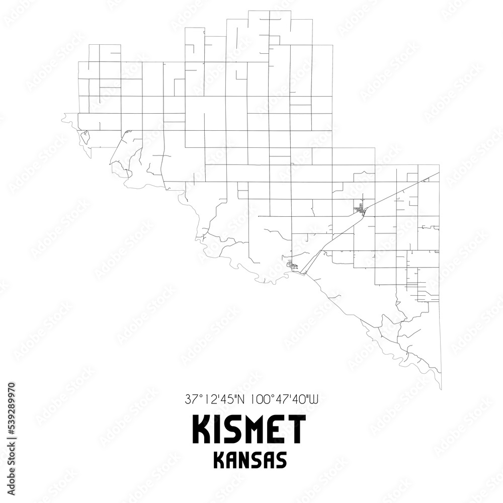 Kismet Kansas. US street map with black and white lines.