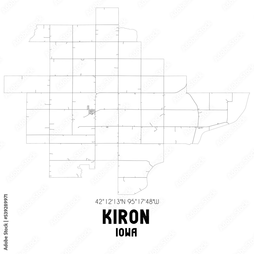 Kiron Iowa. US street map with black and white lines.
