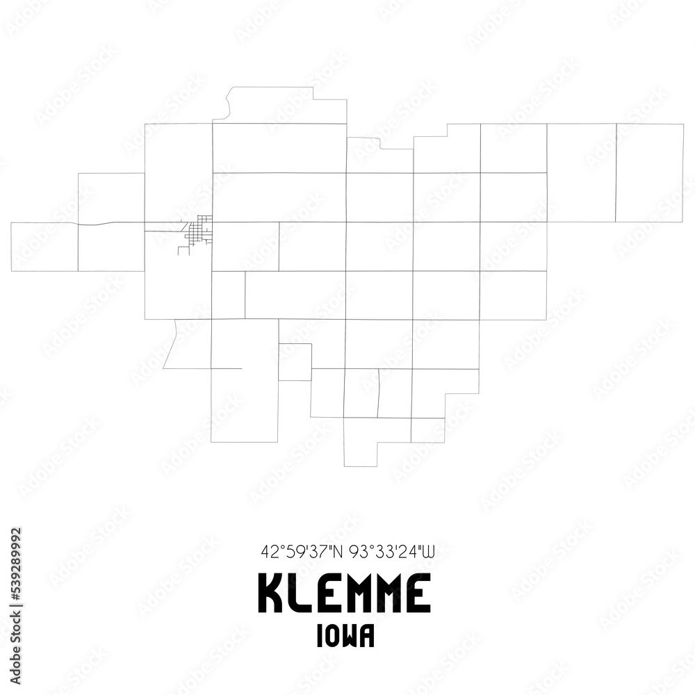 Klemme Iowa. US street map with black and white lines.