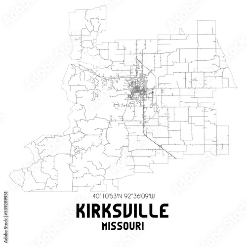Kirksville Missouri. US street map with black and white lines.
