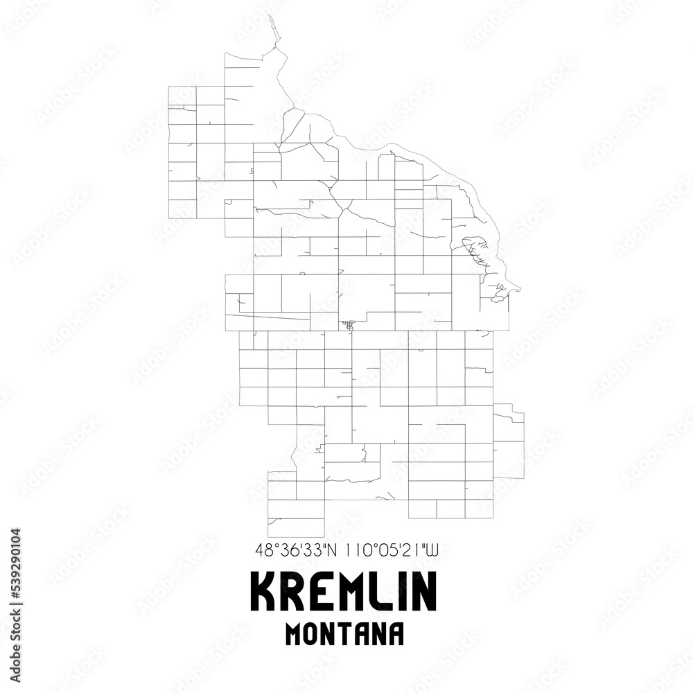 Kremlin Montana. US street map with black and white lines.