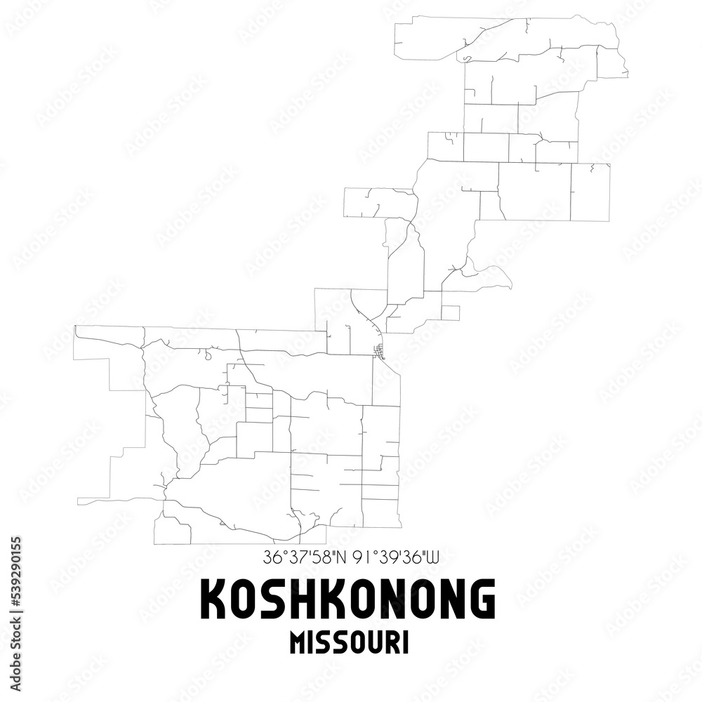 Koshkonong Missouri. US street map with black and white lines.