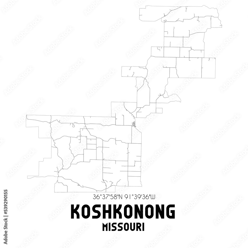 Koshkonong Missouri. US street map with black and white lines. Koshkonong Missouri. US street map with black and white lines.
