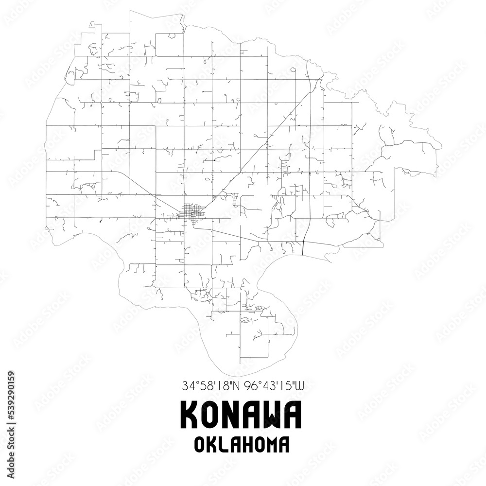 Konawa Oklahoma. US street map with black and white lines.