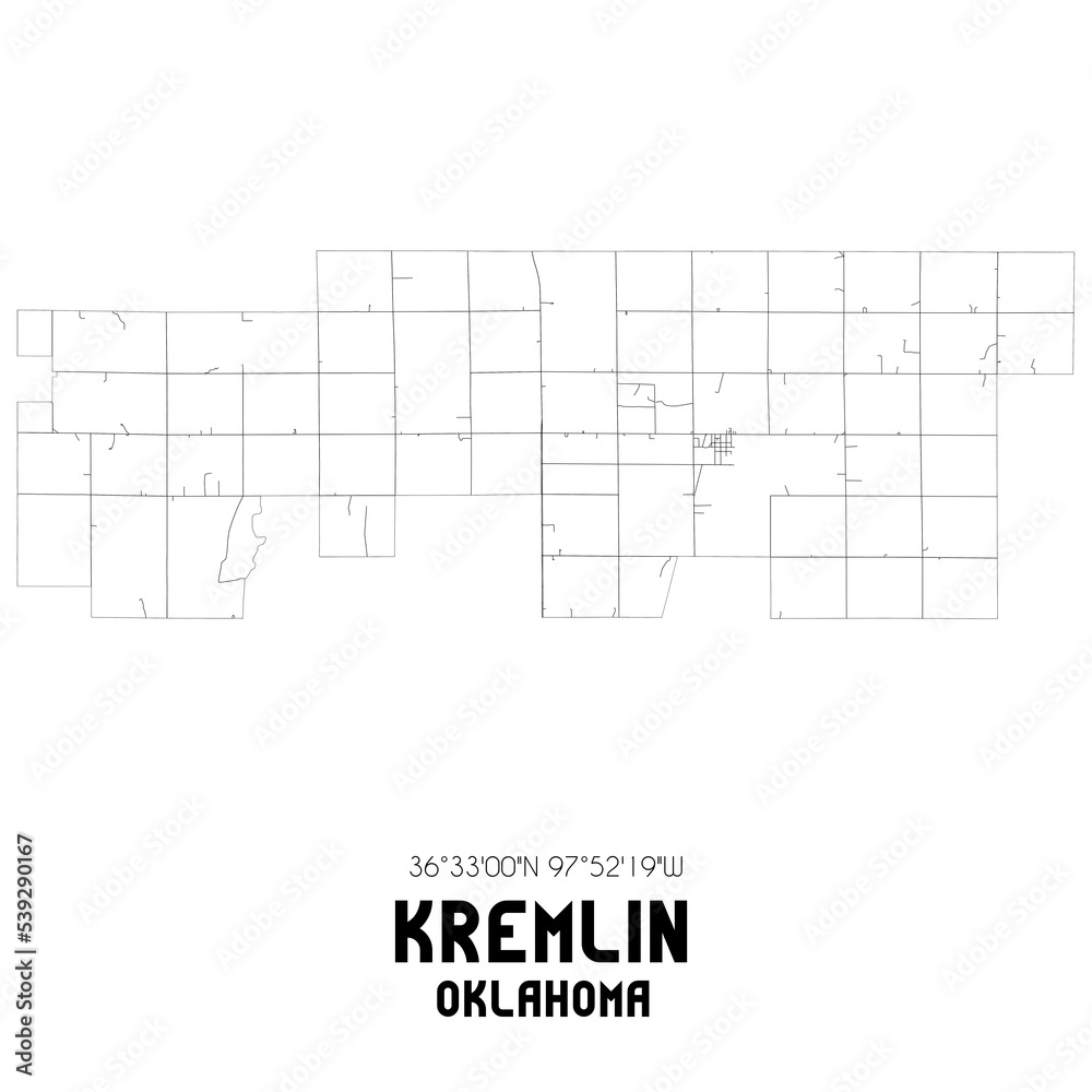 Kremlin Oklahoma. US street map with black and white lines.