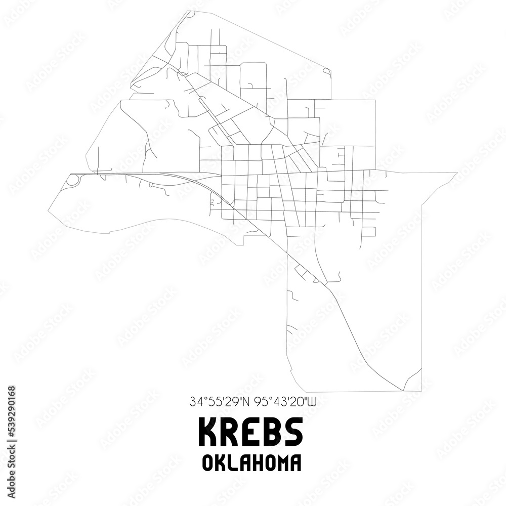 Krebs Oklahoma. US street map with black and white lines.
