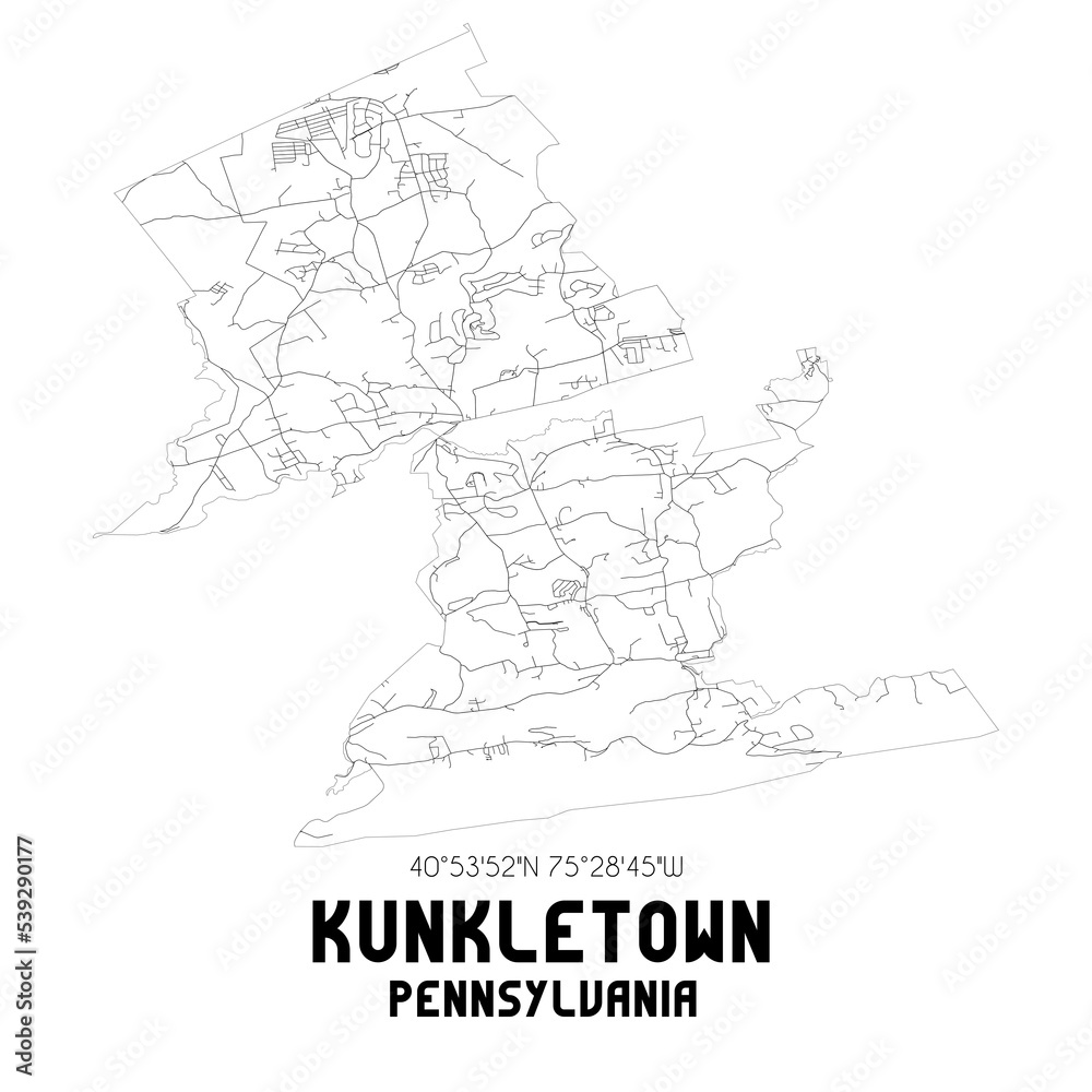 Kunkletown Pennsylvania. US street map with black and white lines.