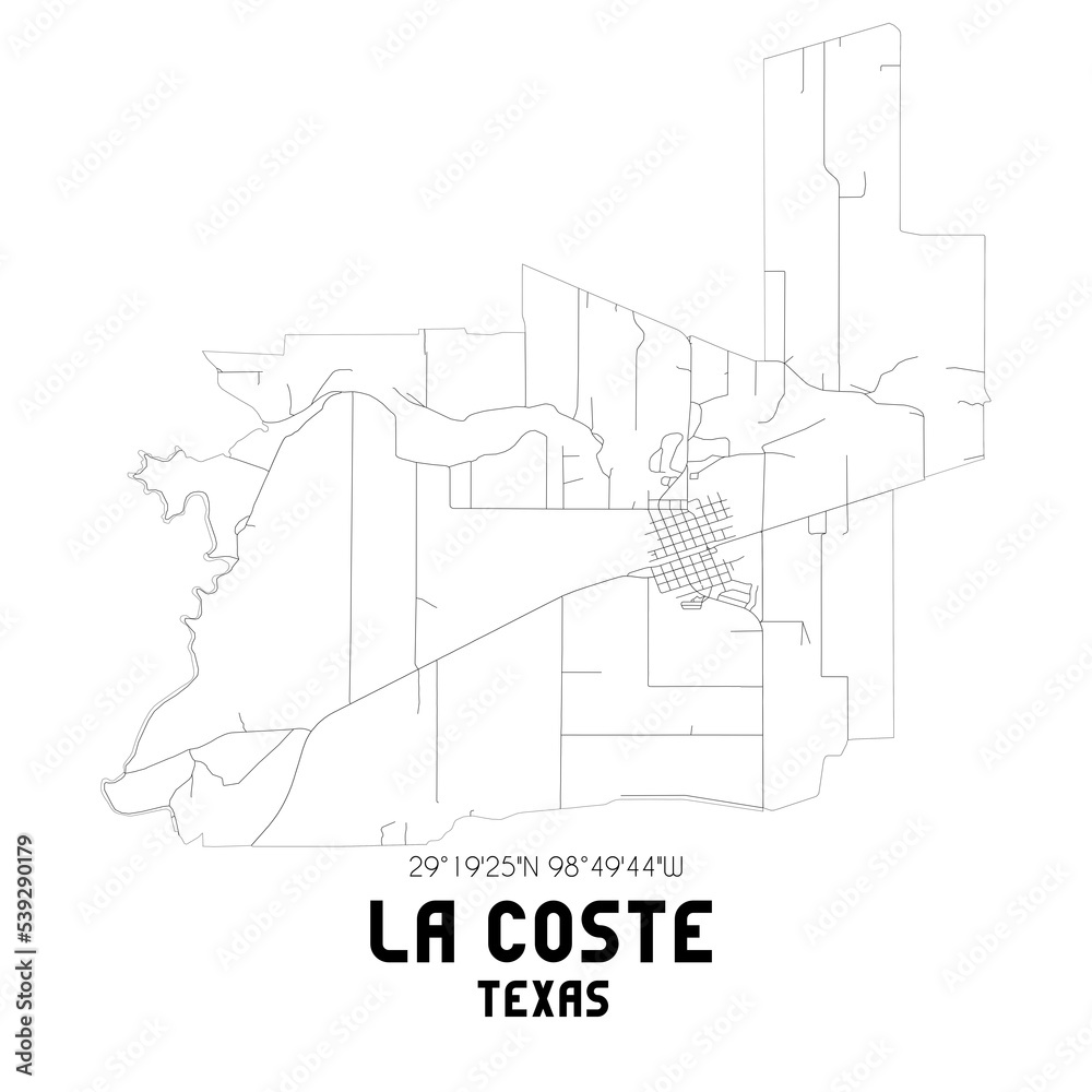 La Coste Texas. US street map with black and white lines.