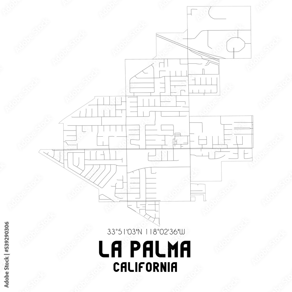 La Palma California. US street map with black and white lines.