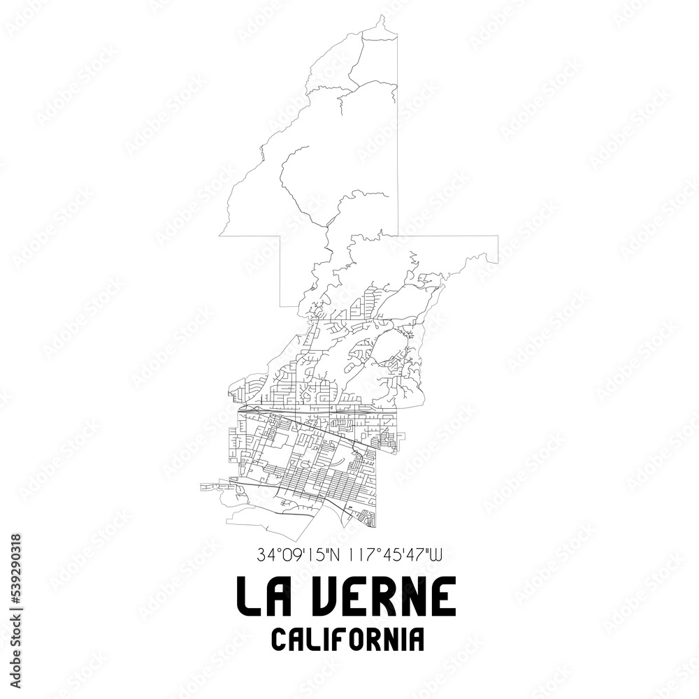 La Verne California. US street map with black and white lines.