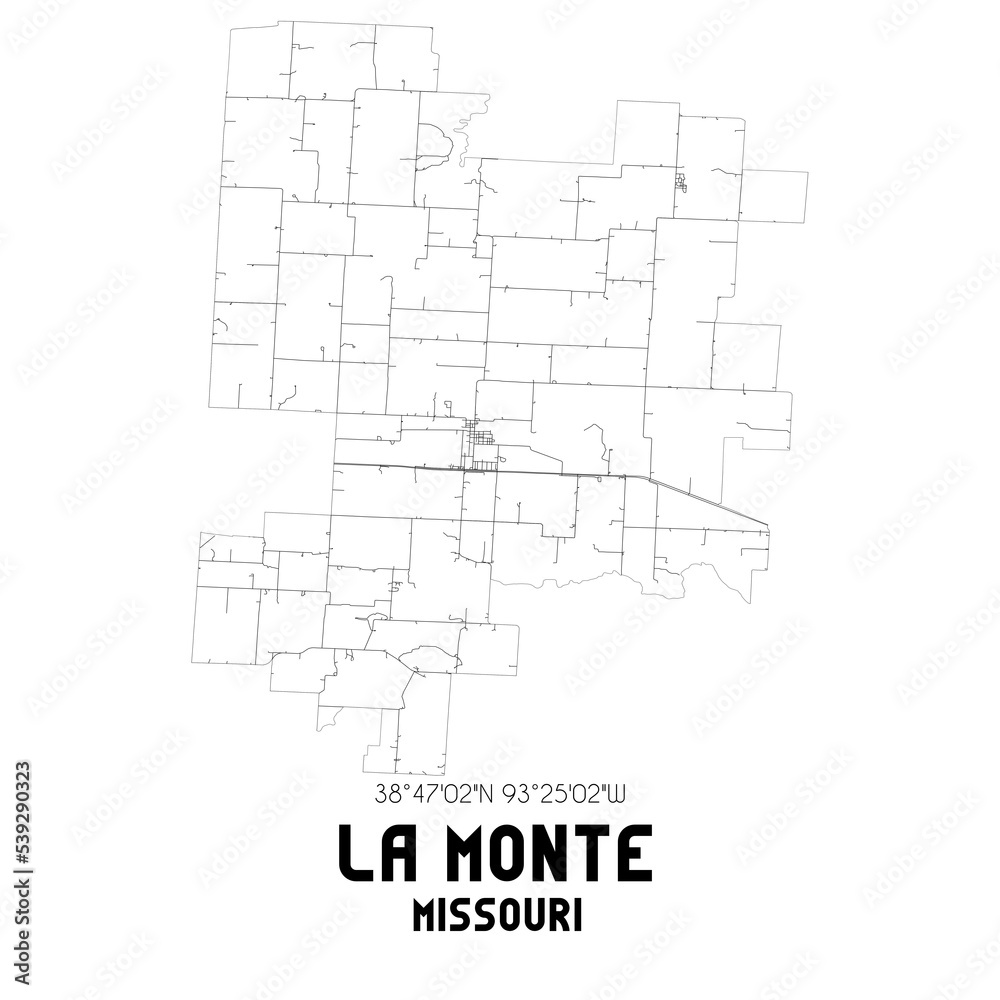 La Monte Missouri. US street map with black and white lines.