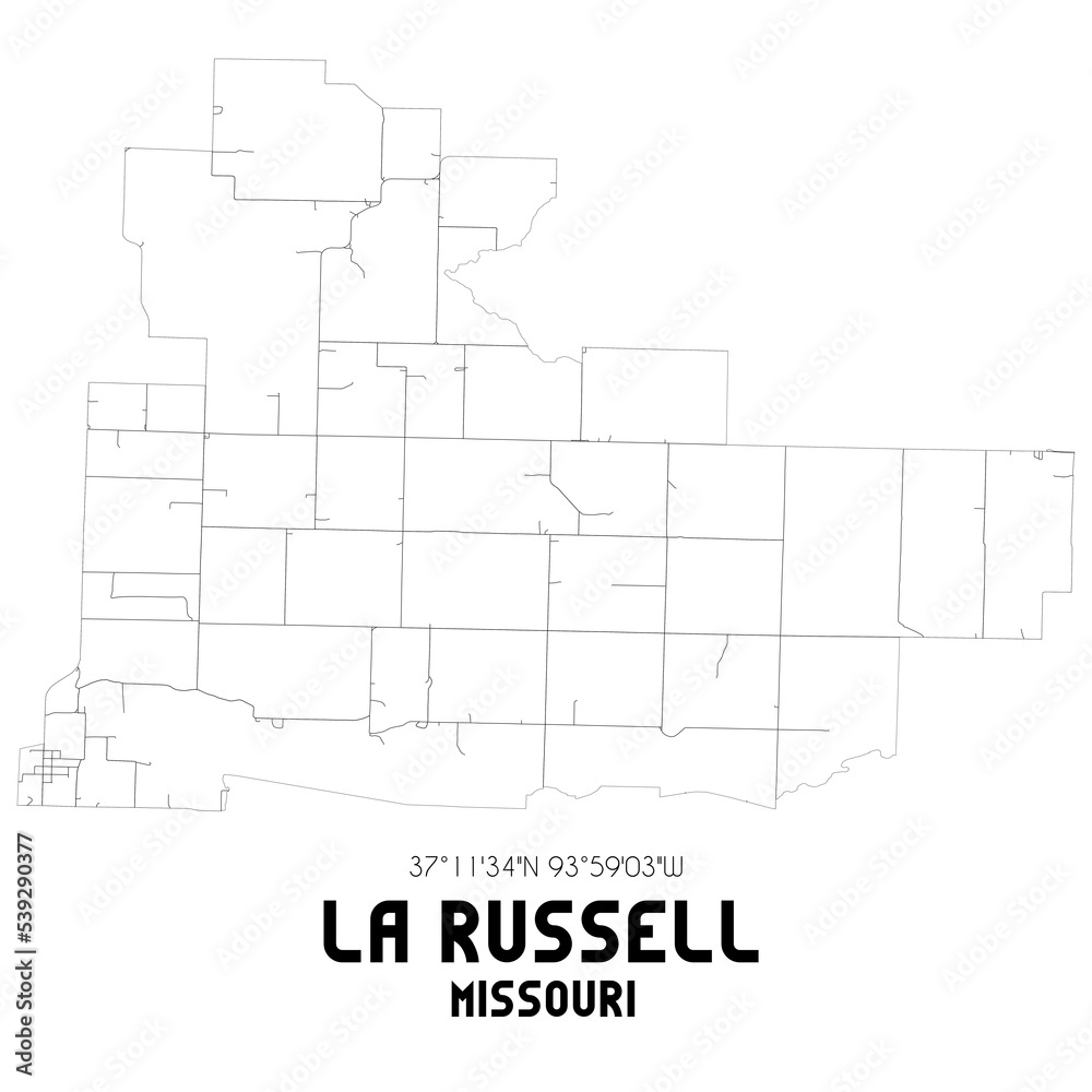 La Russell Missouri. US street map with black and white lines.
