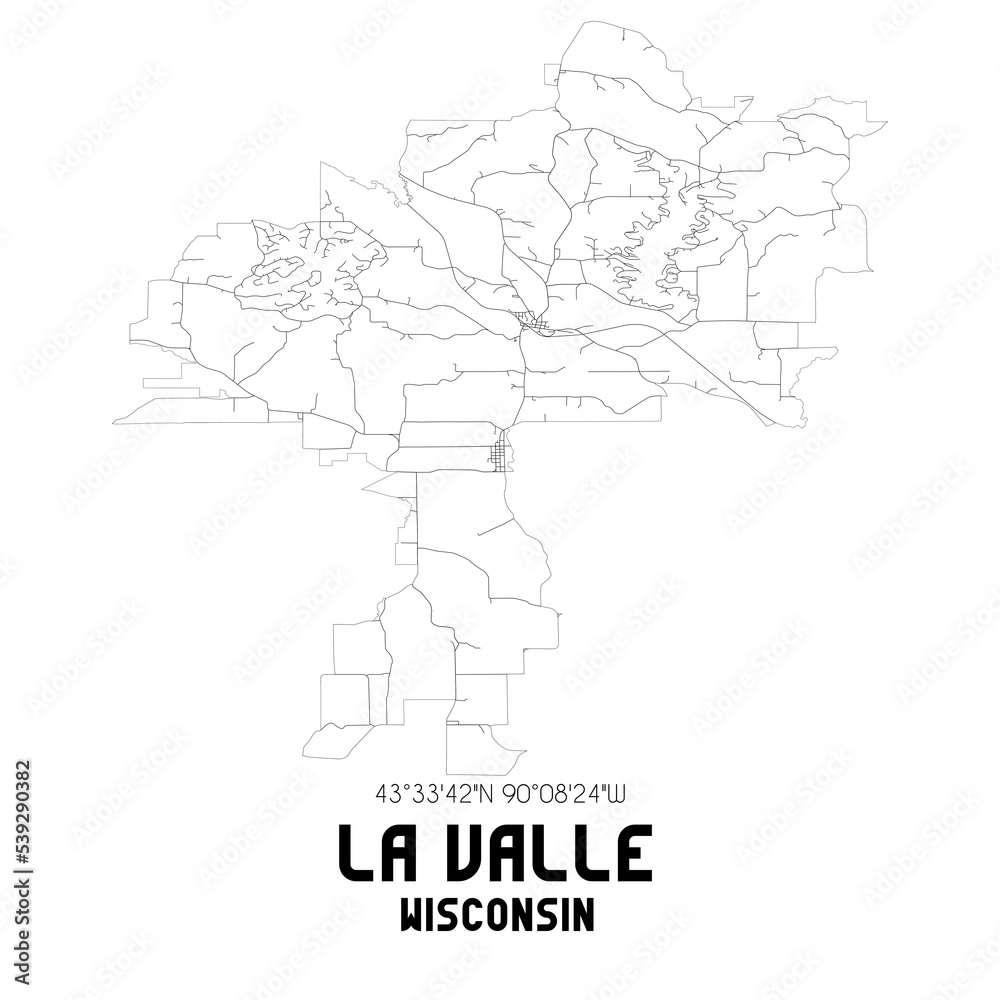 La Valle Wisconsin. US street map with black and white lines.