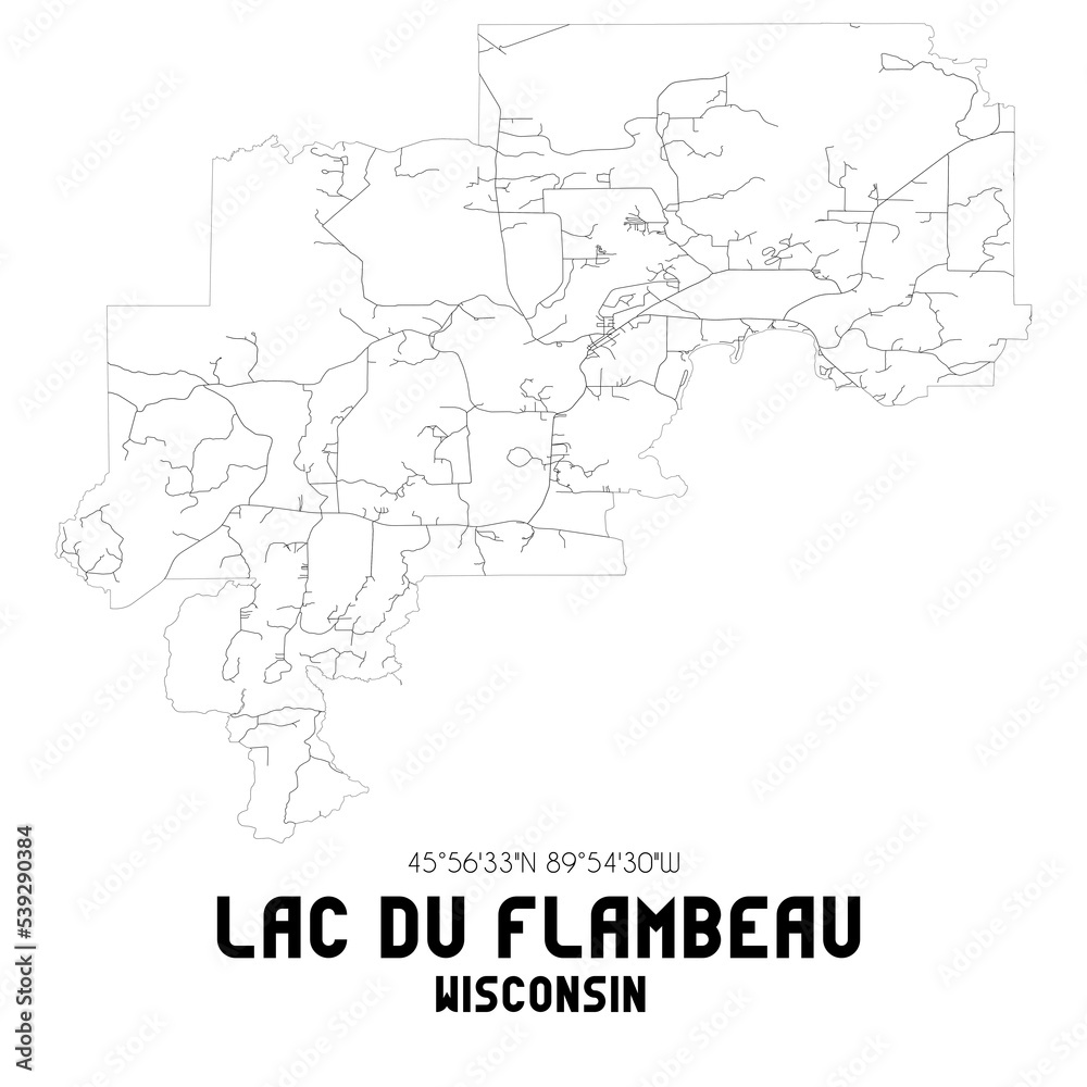 Lac Du Flambeau Wisconsin. US street map with black and white lines.