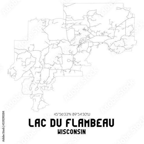 Lac Du Flambeau Wisconsin. US street map with black and white lines.
