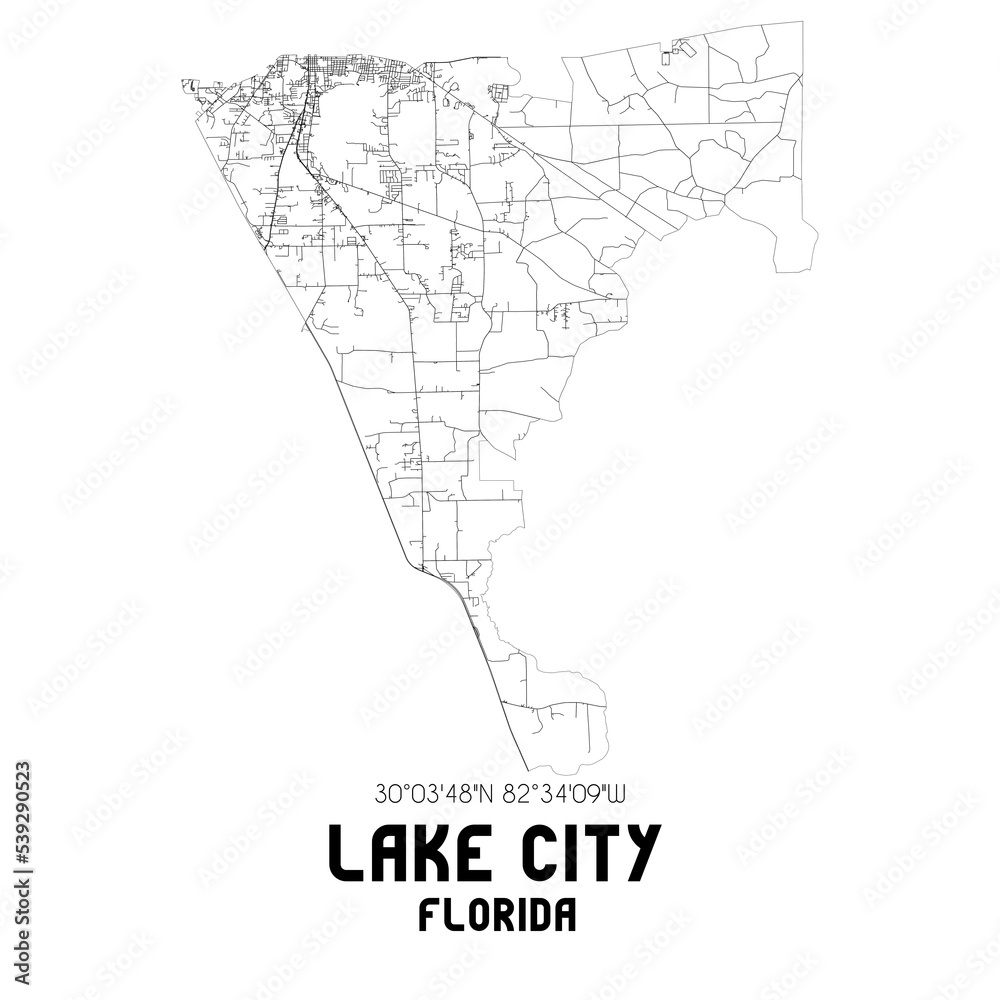 Lake City Florida. US street map with black and white lines.