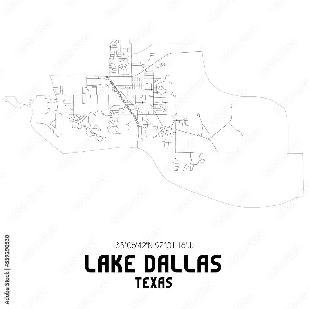 Lake Dallas Texas. US street map with black and white lines.