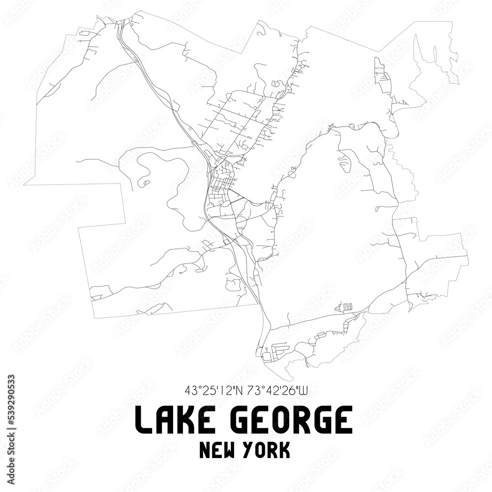Lake George New York. US street map with black and white lines.