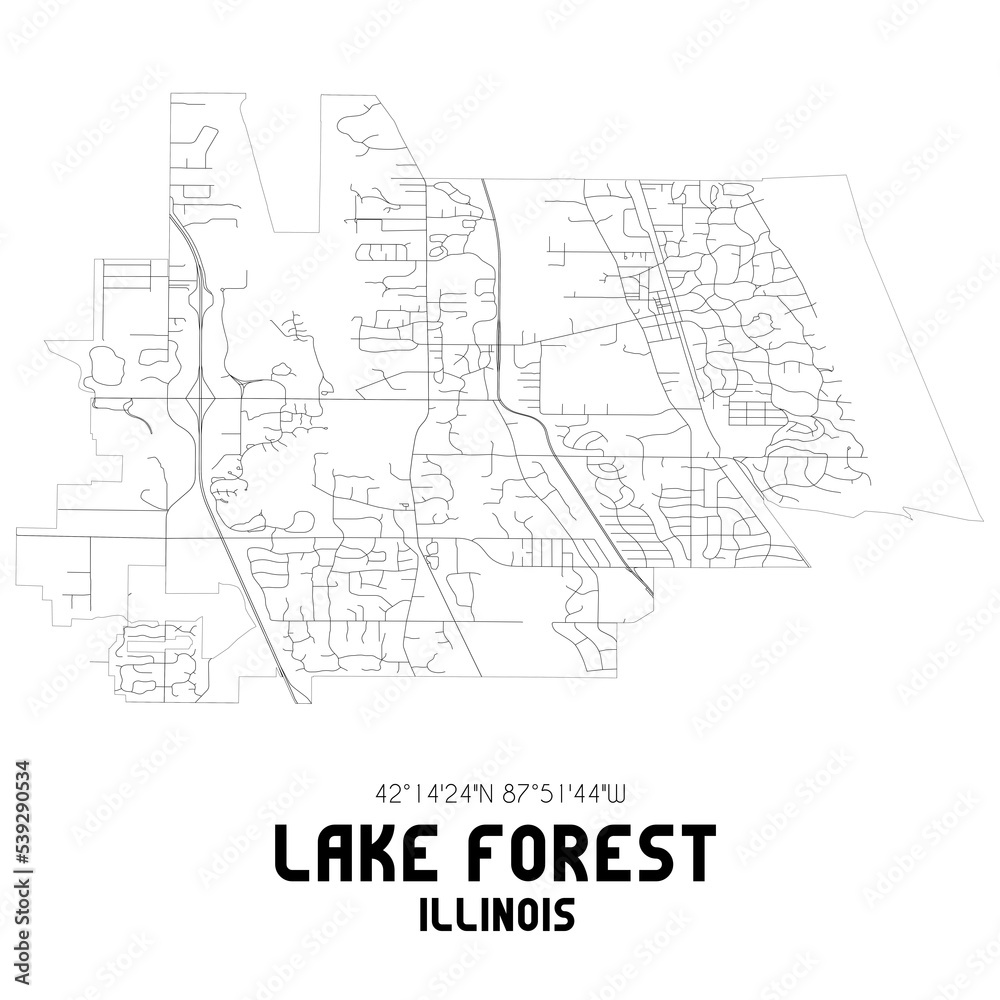 Lake Forest Illinois. US street map with black and white lines.