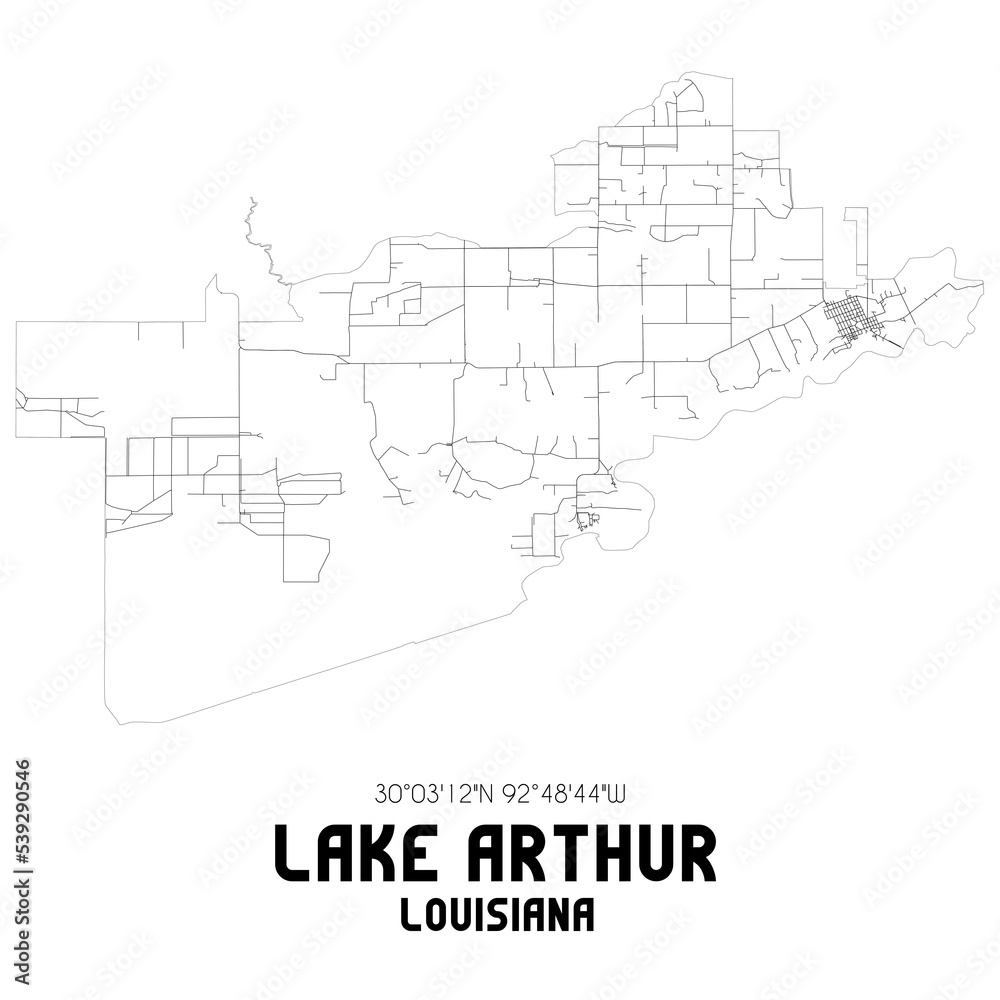 Lake Arthur Louisiana. US street map with black and white lines.