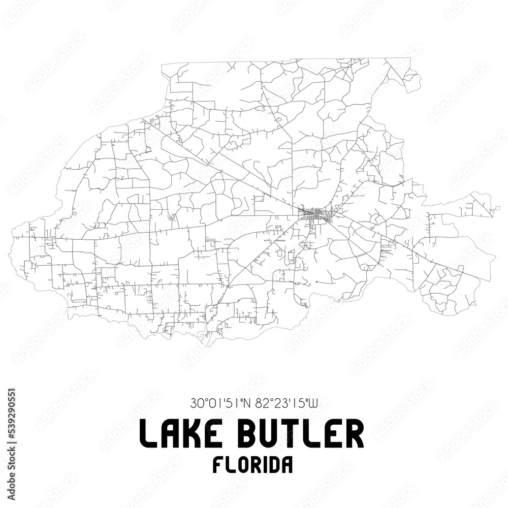 Lake Butler Florida. US street map with black and white lines.