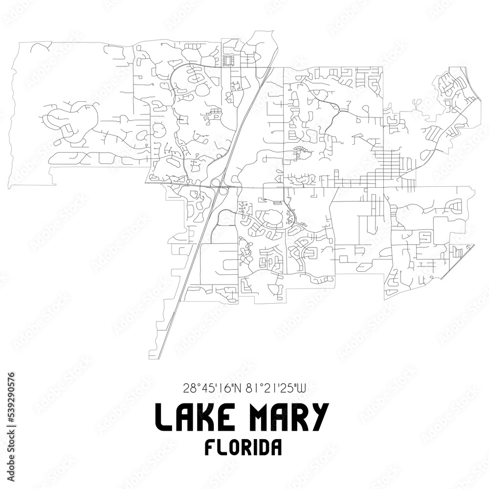 Lake Mary Florida. US street map with black and white lines.