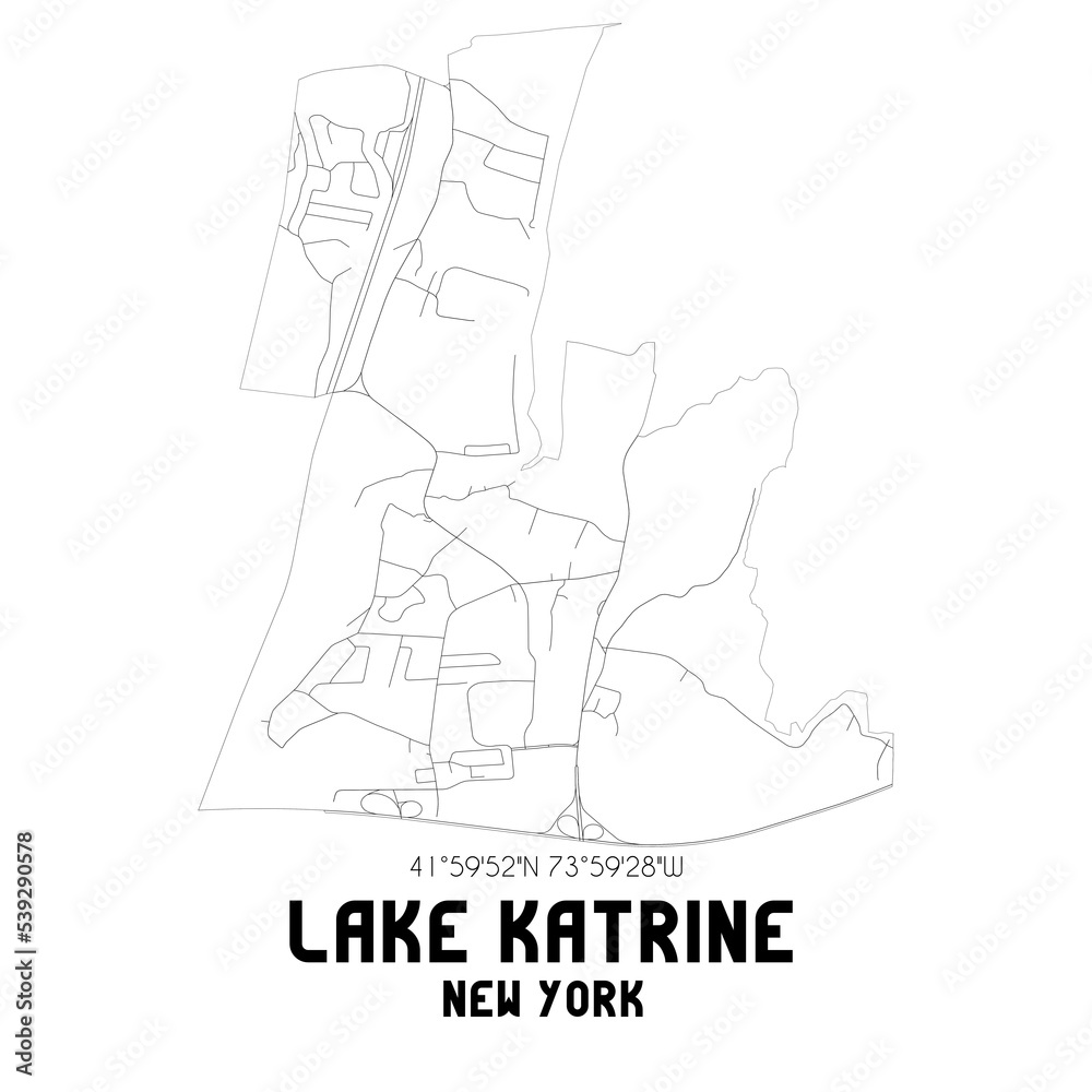 Lake Katrine New York. US street map with black and white lines.