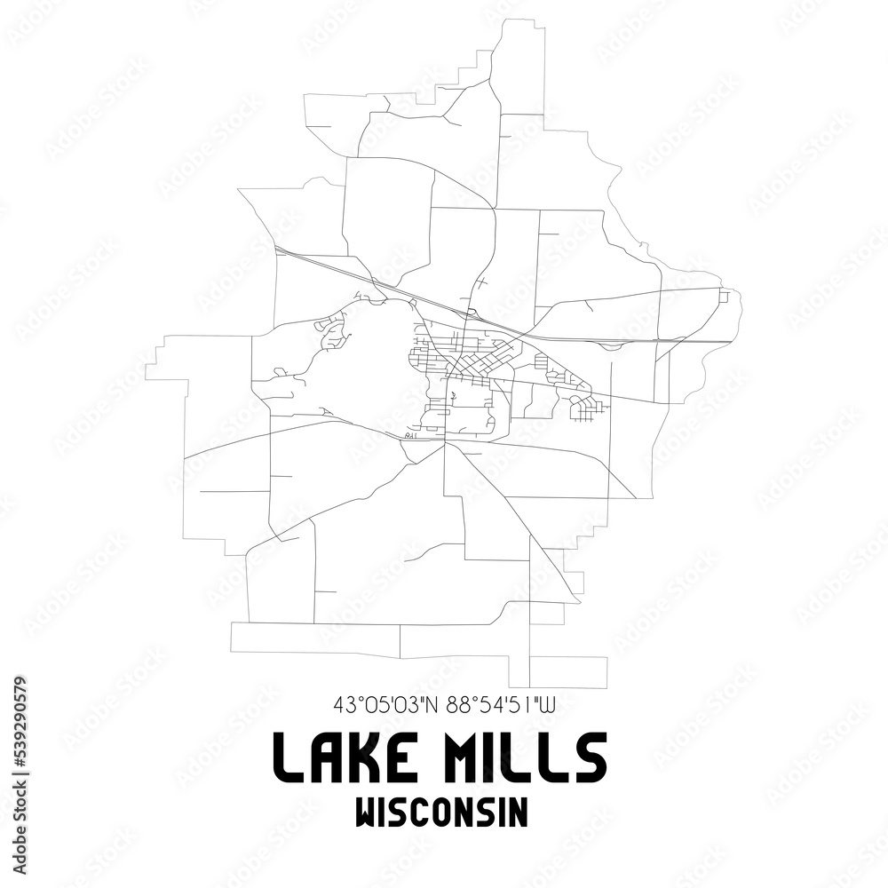 Lake Mills Wisconsin. US street map with black and white lines.