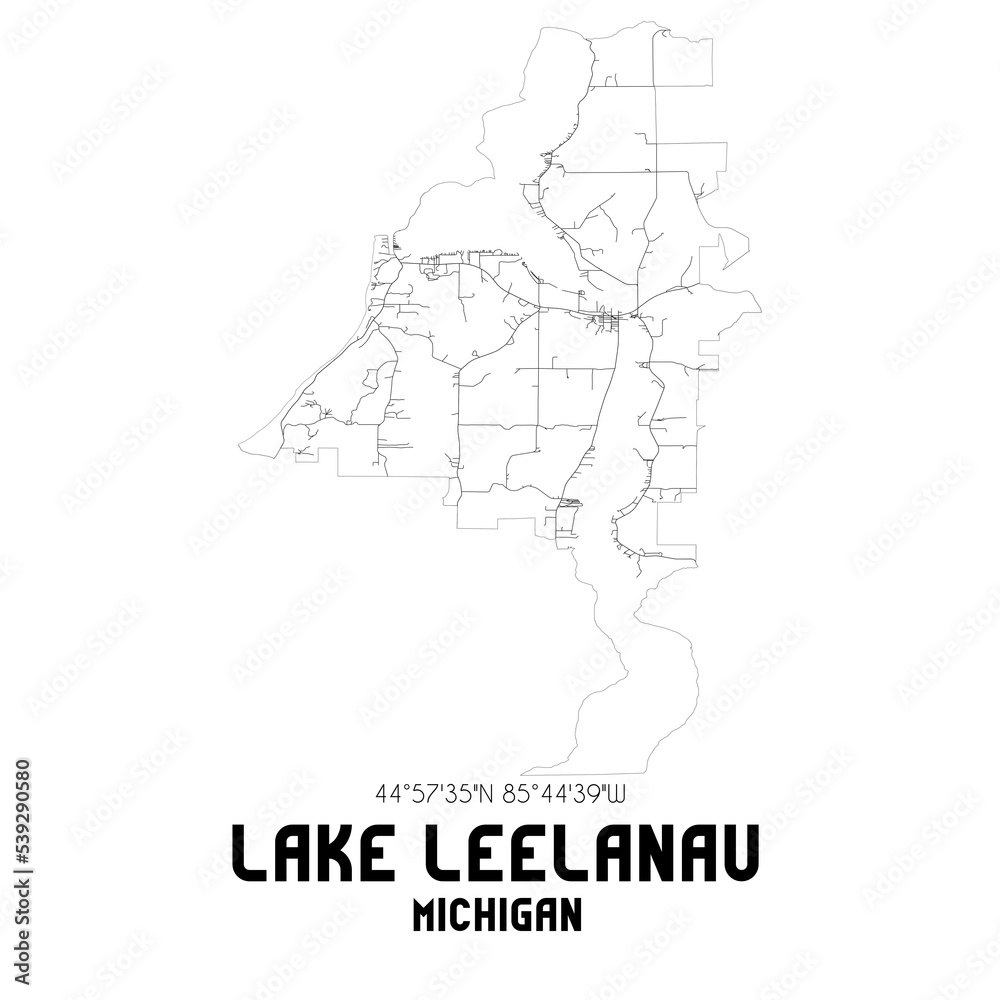 Lake Leelanau Michigan. US street map with black and white lines.